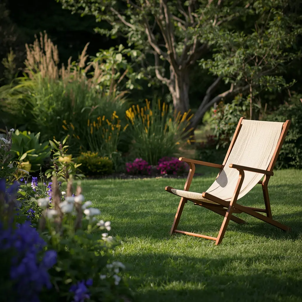 A peaceful garden setting with a comfortable chair and warm sunlight